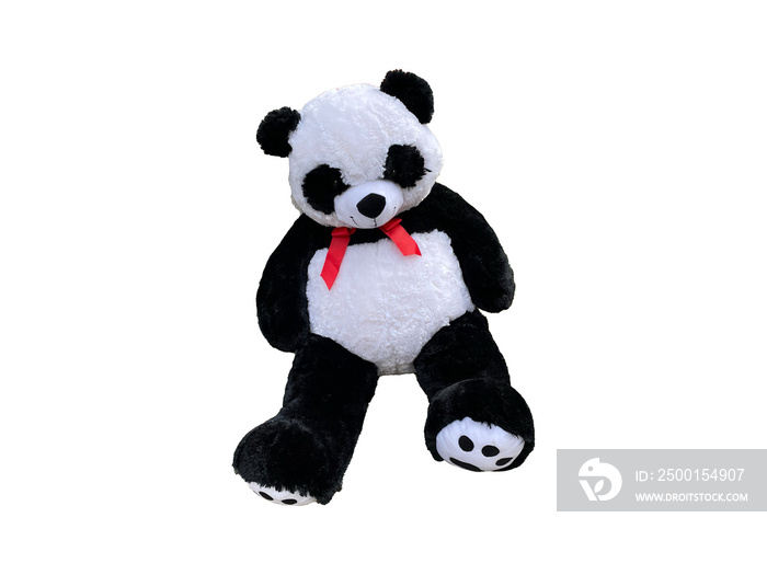 Panda bear doll isolated on transparent background, animal toy, teddy bear black and white color, closeup of cute panda toy with red ribbon, black rim of eyes