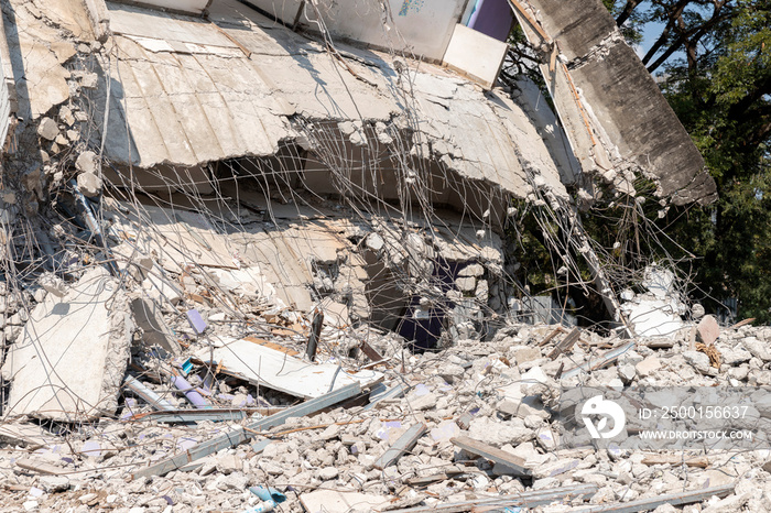 Debris and destroyed building that collapsed from the earthquake.