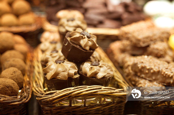 chocolate truffle balls on market counter