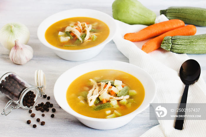 Chicken soup and in white bowl mexican food broth in mexico city