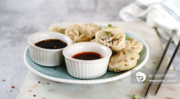 Chicken or Pork dumplings with soy and chilli sauce, selective focus