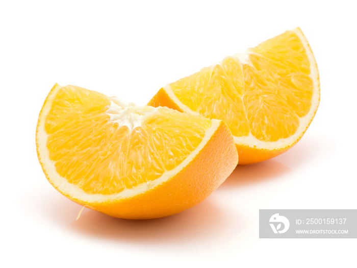 Two orange quarter slices isolated on white background.