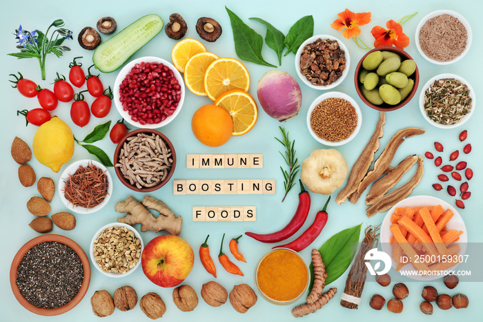 Immune system boosting vegan food for good health with vegetables, fruit, medicinal herbs and spice. High in antioxidants, anthocyanins, fibre, lycopene, smart carbs, omega 3, vitamins, minerals.