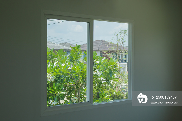 Empty room with glass window frame house interior on concrete wall