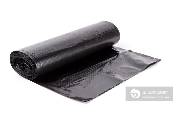 Black roll of plastic garbage bags isolated on white background