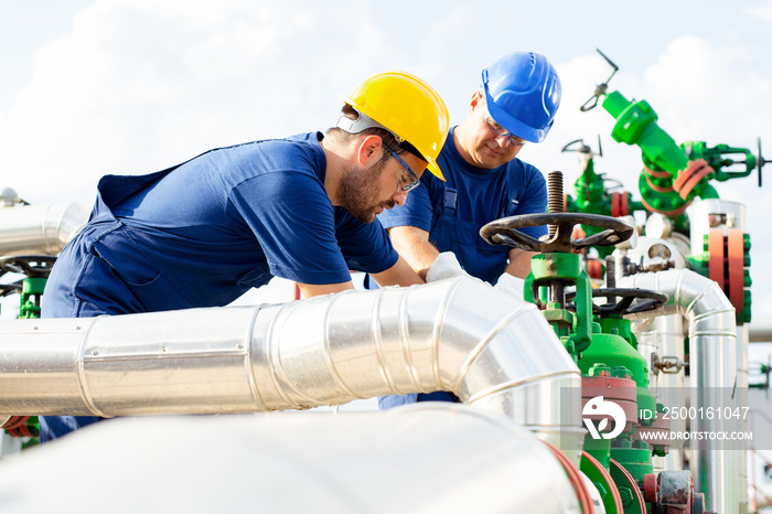 Two petrochemical workers inspecting pressure valves on a fuel tank