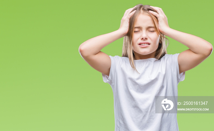 Young beautiful girl over isolated background suffering from headache desperate and stressed because pain and migraine. Hands on head.