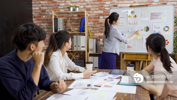 young pregnant woman worker using whiteboard in small team meeting with teamwork partners. man and women coworkers concentrated sitting and listening to report in boardroom. motherhood point chart