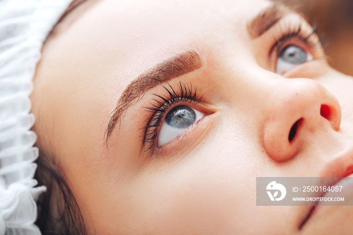 Young woman with beautiful eyebrows after procedure permanent make-up in salon, closeup photo.