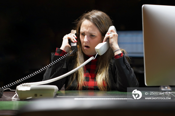 Portrait of office woman in stress. A lot of phone calls in office. An office worker female shouting in the phone’s. Expression, emotions. Feelings problem reaction. Travel Agency Secretary.