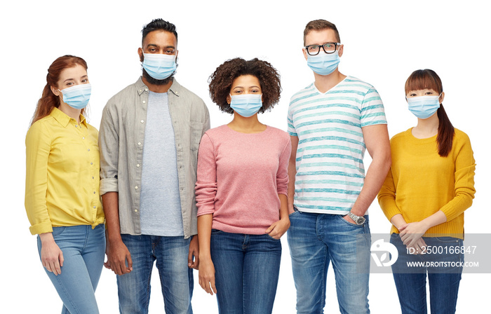 health, quarantine and pandemic concept - group of people wearing protective medical masks for protection from virus