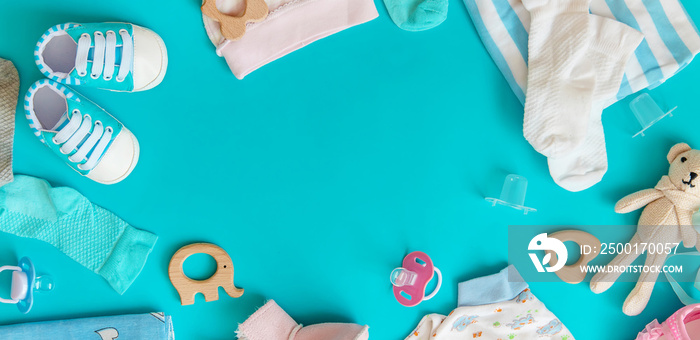 baby accessories for newborns on a colored background. selective focus.