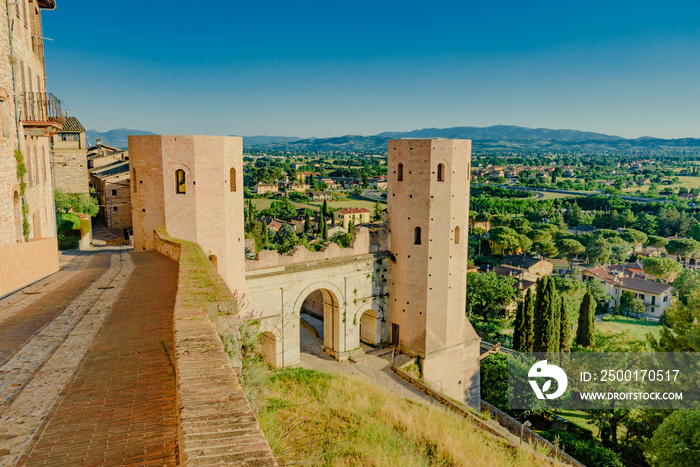 View of the city and small lanes of the town of Spello in Umbria Italy province of Perugia Italy