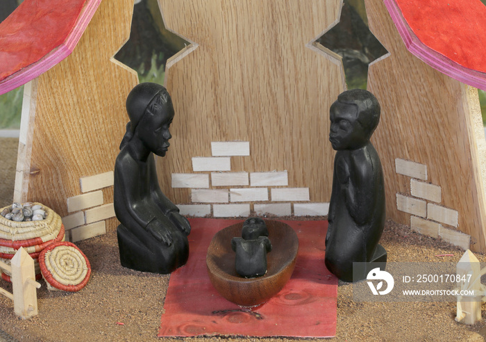 Congo Nativity set with the Holy Family carved on wooden black