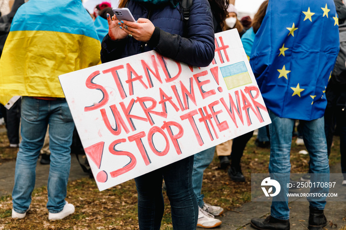 No war, Stop War signs at a demonstration against the invasion of Ukraine