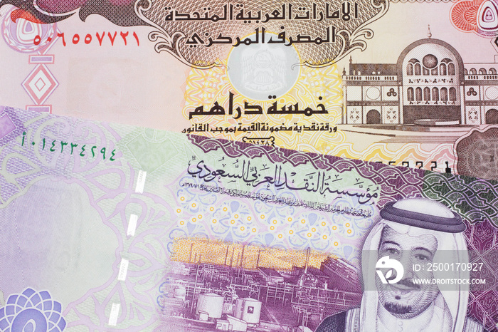 A colorful, five Saudi riyal bank note with a five dirham bank note from the United Arab Emirates close up in macro