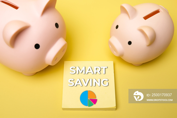 A picture of smart saving word and pie chart with two piggybank insight.