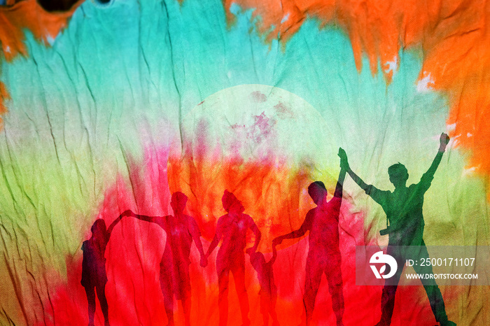 Shadow of happy family on colorful tie dye fabric background