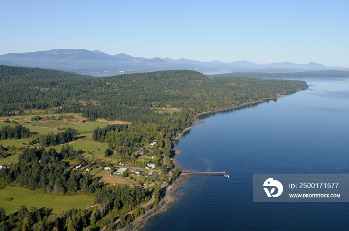 The government dock at Fernwood Road is seen in this aerial photo of north Salt Spring Island. Southey Point is at the northern tip of the island, Salt Spring Island, British Columbia, Canada