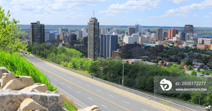 Hamilton, Ontario skyline with expressway