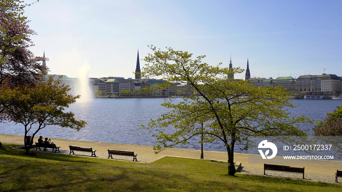 The beautiful city center of Hamburg with Alster River lake - travel photography