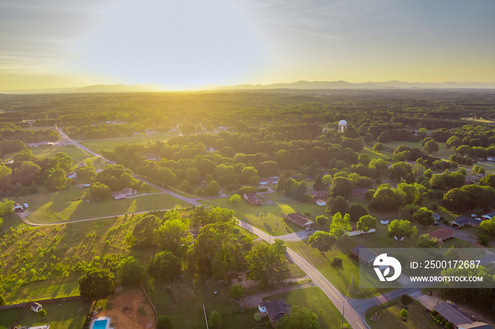 Panorama top view of residential neighborhood district an American town during sunset in South Carolina