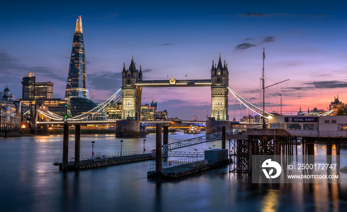 Tower Bridge, The Shard, and London Skyline at dusk.