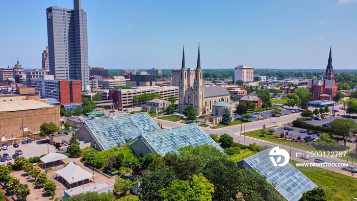 View above Botanical Conservatory in Fort Wayne with downtown in background