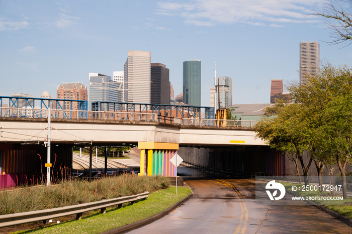 Overpass Tunnel Road Towards Houston Texas Downtown City Skyline