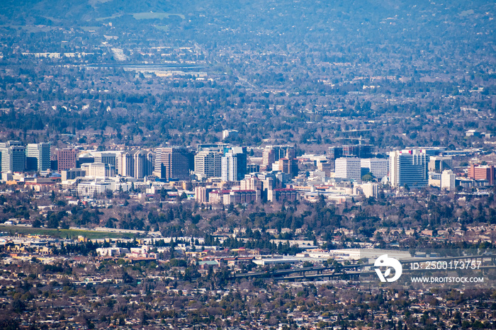 Aerial view of the buildings in downtown San Jose on a clear day; Silicon Valley, California