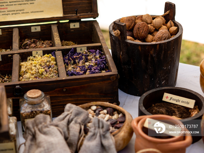 medieval apothecary’s table with various herbs and spices