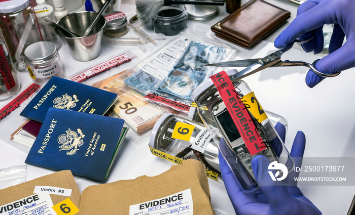 Scientific police opens with scissors a bag of evidence of a crime in scientific laboratory