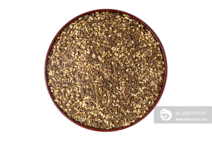 Za’atar (zatar), Middle Eastern spice mixture isolated on white background