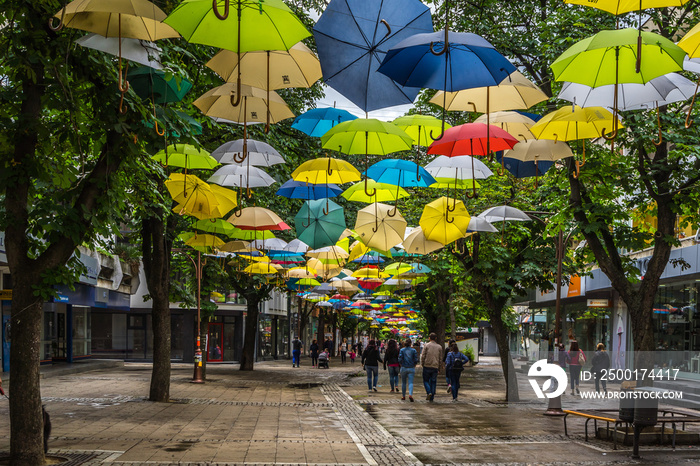 Colorful umbreallas above Blagoevgrad’s main street, Bulgaria