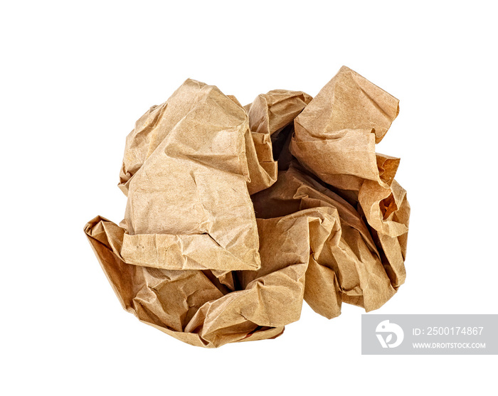 Crumpled brown paper isolated over white background. Crumpled paper ball.