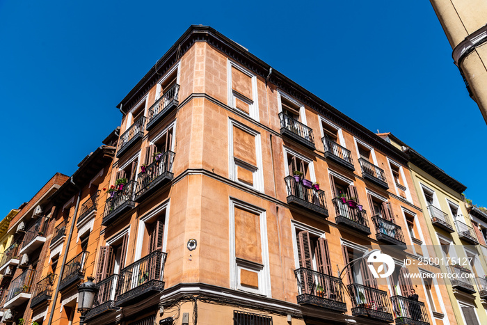 Low Angle View Of Residential Buildings in Historic Centre of Madrid. Quarter of Las Letras