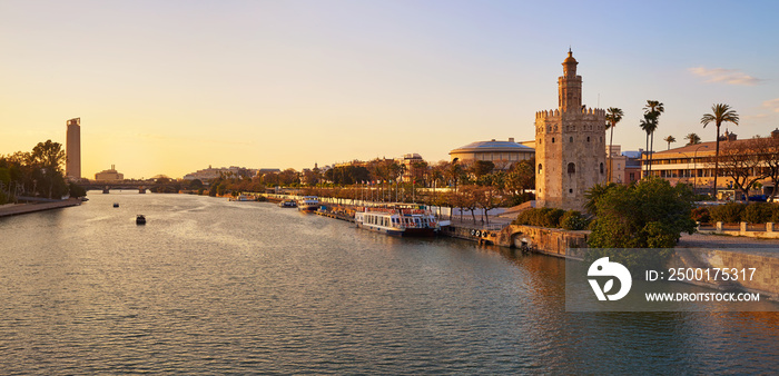 Seville sunset skyline torre del Oro in Sevilla