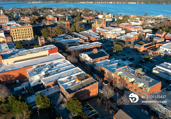 Aerial View of downtown New Bern North Carolina at sunset