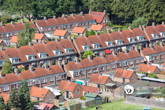 Aerial view family houses with backyards in Emmeloord, The Netherlands