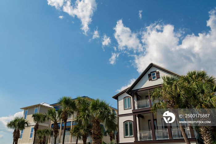 Three traditional houses with balconies near the palm trees at the front in Destin, Florida. There is a house on the left with white walls and brown trims beside the house with blue trims.