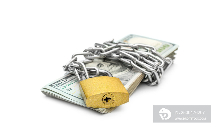 Stack of money wrapped by metal chain with padlock on white background.