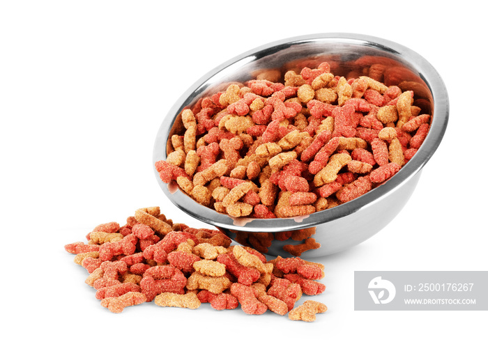 Dry pet food in a metal bowl on a white background