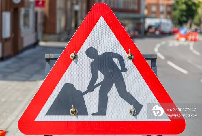 Sign of works in the middle of a street in the city of Norwich