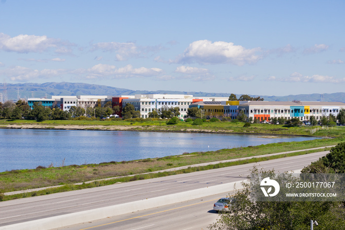 Office buildings on the shoreline of San Francisco bay area, Silicon Valley, California