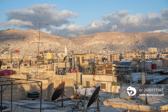 Rooftop aerials and satellite dishes in Damascus, Syria