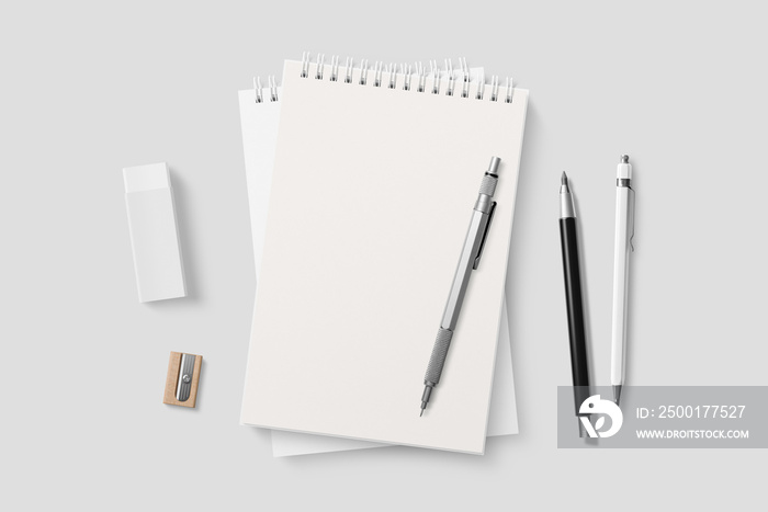 Blank realistic spiral bound notepad mockup on light grey background. High resolution.