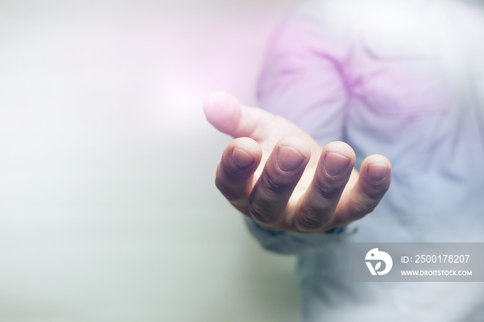 Open palm hand gesture of male hand  on a White background.