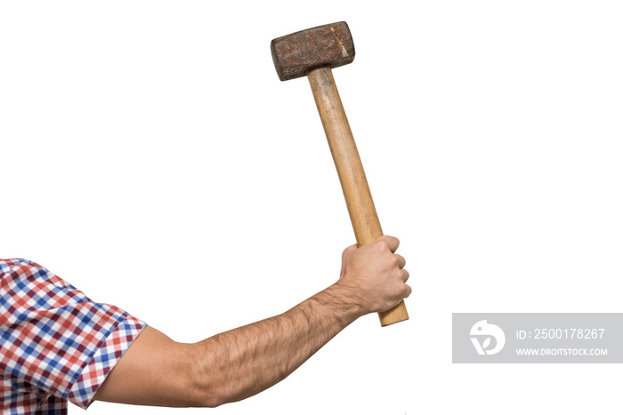 Old sledgehammer in a man’s hand. White background. Isolated