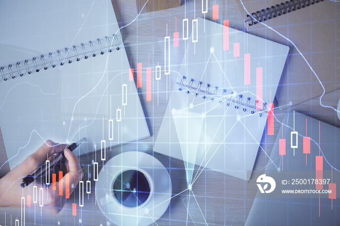 Multi exposure of woman’s hands making notes with forex graph hologram. Concept of technical analysis.