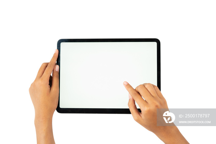 two hand holding tablet horizontally for mockups